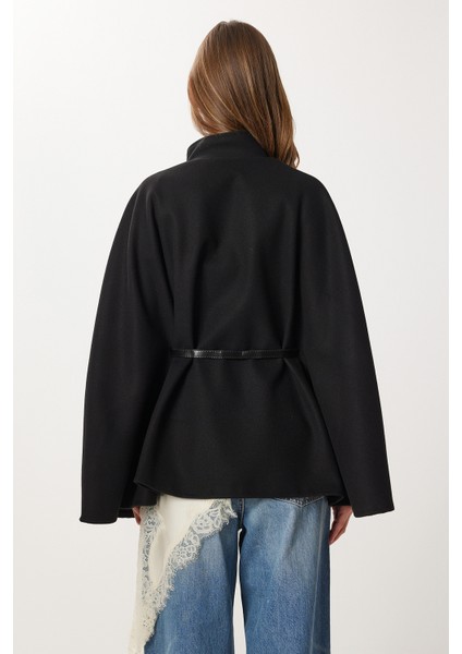 Kemerli Düğmeli Kaşe Panço LNT0013 Siyah fırsatları