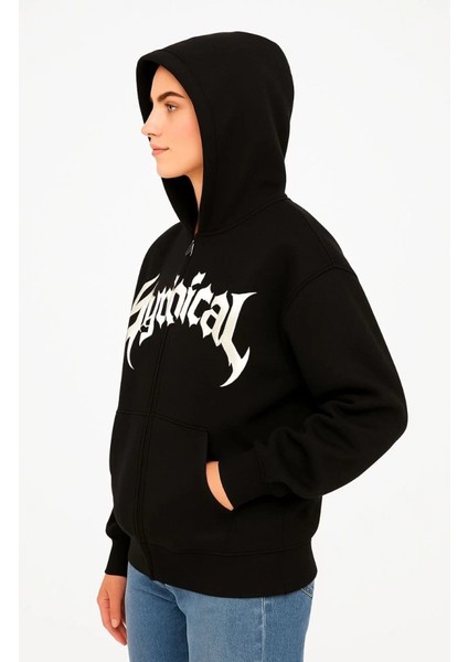 Oversize Kapüşonlu Sweatshirt Hoodie 3 Iplik Şardonlu Pamuklu Kumaş, Önü Baskılı, Fermuarlı Rahat Kalıp, Kışlık ve Sokak Stili Sweat - Siyah fiyatları