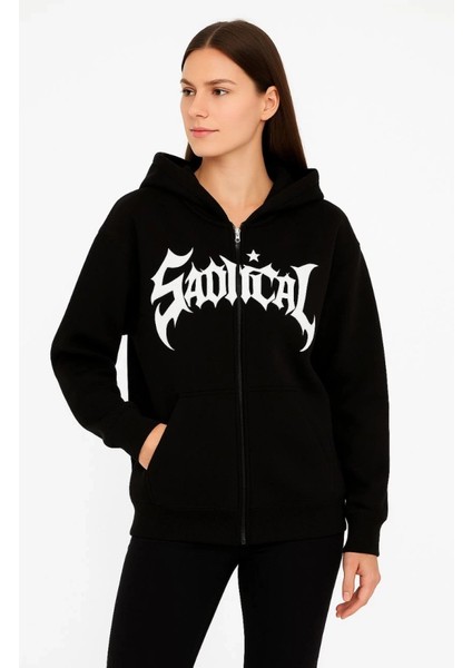 Oversize Kapüşonlu Sweatshirt Hoodie 3 Iplik Şardonlu Pamuklu Kumaş, Önü Baskılı, Fermuarlı Rahat Kalıp, Kışlık ve Sokak Stili Sweat - Siyah fırsatları