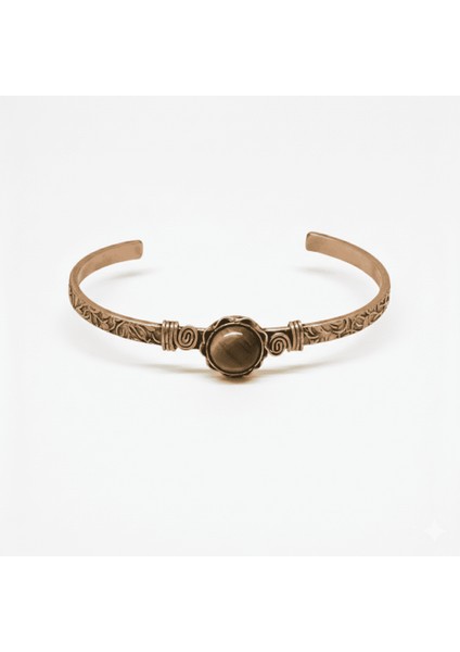 Erkek Bakır Bileklik - Kaplan Gözü Doğaltaşlı - Otantik Tasarım - Ayarlanabilir Yapı