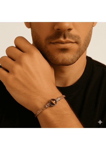 Erkek Bakır Bileklik - Kaplan Gözü Doğaltaşlı - Otantik Tasarım - Ayarlanabilir Yapı modelleri