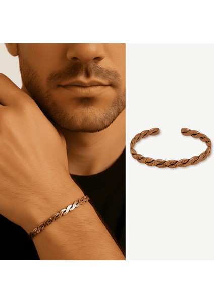 Erkek Bakır Bileklik - Taşlamalı Burma Model - Otantik Tasarım - Ayarlanabilir Yapı fiyatları