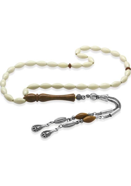 Deve Kemiği Tesbih - Kararmaz Metal Damla Püsküllü - Kuka Kombinasyonlu - Beyaz Renk - Arpa Kesim