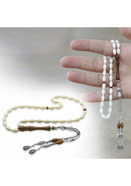 Deve Kemiği Tesbih - Kararmaz Metal Damla Püsküllü - Kuka Kombinasyonlu - Beyaz Renk - Arpa Kesim fiyatları