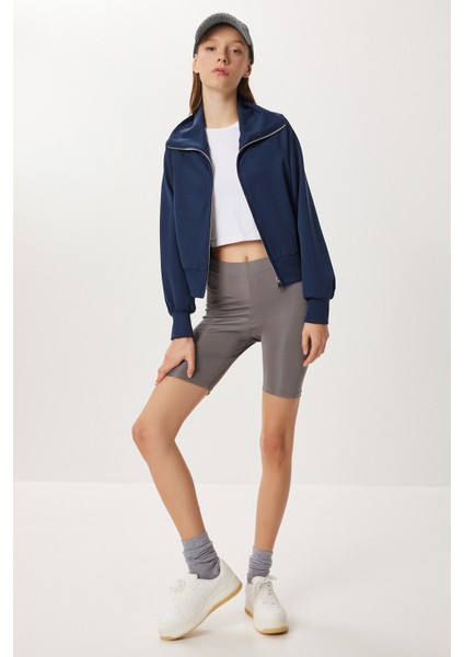 Dik Yaka Fermuarlı Modal Sweatshirt LUB0308 Lacivert