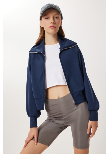 Dik Yaka Fermuarlı Modal Sweatshirt LUB0308 Lacivert modelleri