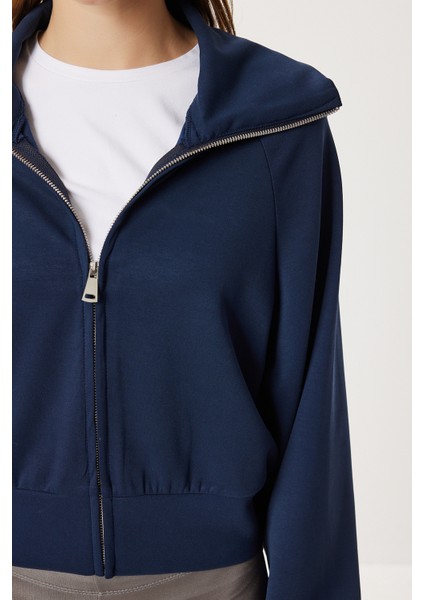 Dik Yaka Fermuarlı Modal Sweatshirt LUB0308 Lacivert fırsatları