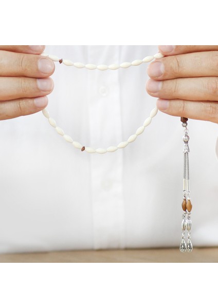 Deve Kemiği Tesbih - Kararmaz Metal Damla Püsküllü - Kuka Kombinasyonlu - Beyaz Renk - Arpa Kesim fırsatları