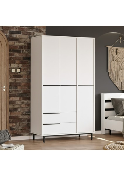 Bohem Gardırop 3 Kapı 2 Çekmece Metal Ayaklı 196CM Beyaz BOH15-W