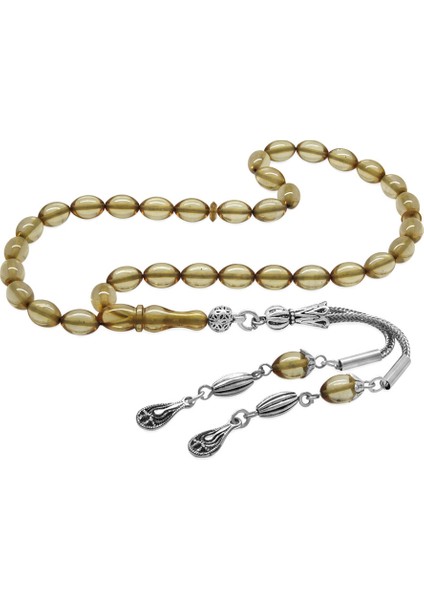 Ateş Kehribar Tesbih - Kararmaz Metal Damla Püsküllü - Şeffaf Renk - Mini Boy - Arpa Kesim