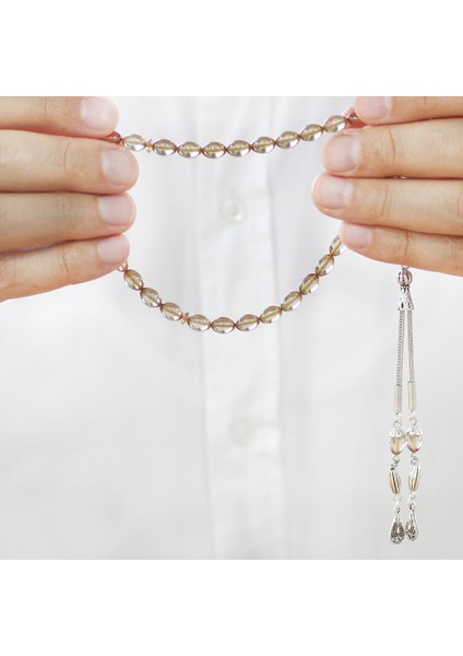 Ateş Kehribar Tesbih - Kararmaz Metal Damla Püsküllü - Şeffaf Renk - Mini Boy - Arpa Kesim modelleri