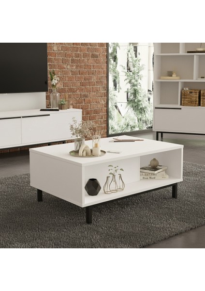 Bohem Orta Sehpa 60X90CM Metal Ayaklı Kapaklı Beyaz Boh2-W