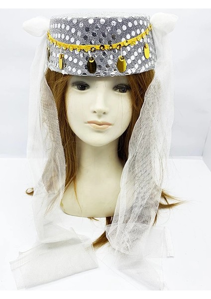 Beyaz Duvaklı Altın Pul Işlemeli Kına Fesi Kına Şapkası Oryantal Şapkası