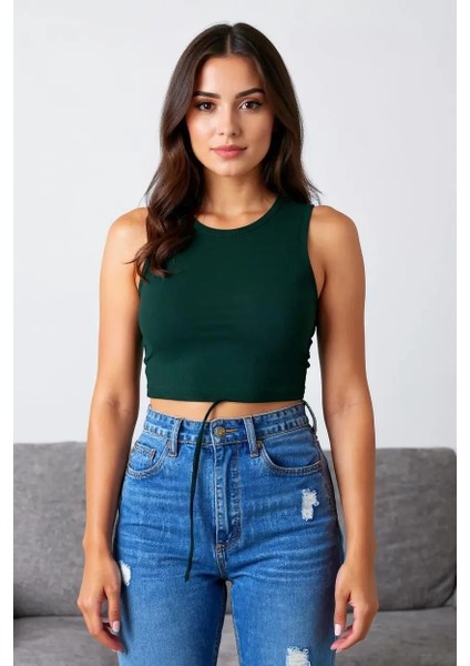 Kadın Yeşil Çapraz Bağlamalı Crop Top Büstiyer – Modern ve Şık Tasarım