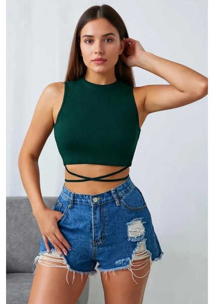 Kadın Yeşil Çapraz Bağlamalı Crop Top Büstiyer – Modern ve Şık Tasarım modelleri