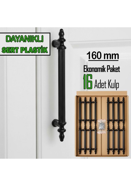 16 Adet Sert Plastik Polavit Siyah 160 mm Mobilya Mutfak Çekmece Dolap Dolabı Kulpu Kulbu Kulpları