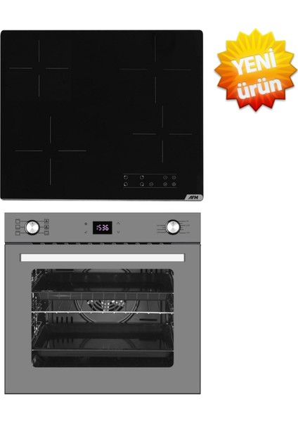 Siyah Vitro. Elektrikli Ocak + Turbolu Antrasit Fırın / Ankastre Set ( V6-04 + FM7710)