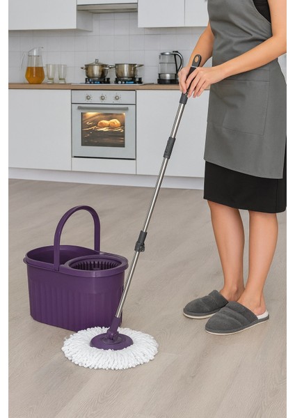Otomatik Mop Seti Paspas ve Sıkma Kovası, 360° Döner Başlıklı Mikrofiber Yer Temizleme Mor