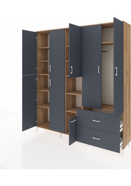 Hyperion Gardrop 12 Raflı 2 Çekmeceli Tek Askılı 220X44X243 Çam-Antrasit/antrasit modelleri