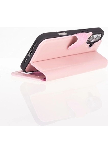 Apple iPhone 16 Uyumlu, Hakiki Deri, El Yapımı, Cüzdanlı Kılıf, Toz Pembe modelleri