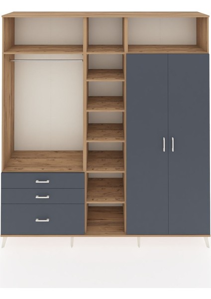 Hyperion Gardrop 10 Raflı 3 Çekmeceli 2 Askılı 220X44X243 Çam-Antrasit/antrasit