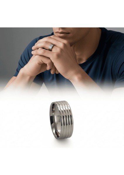 Gümüş Renk Beş Sıra Tasarım 316L Kalite Paslanmaz Çelik Erkek Yüzük Alyans - 23 Ölçü fiyatları
