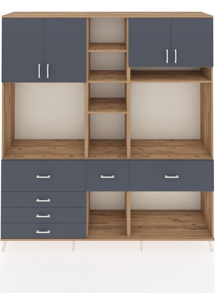 Hyperion Dolap 11 Raflı 6 Çekmeceli 4 Kapaklı 220X44X243 Çam-Antrasit/antrasit