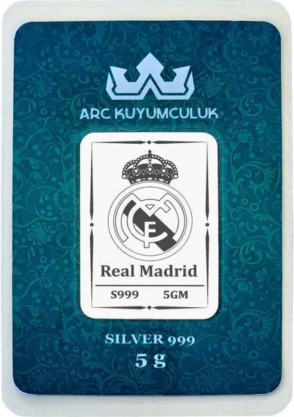 999 Ayar Gümüş ile Üretilmiş Real Madrid Temalı Hediyeye Özel 5 Gram Gümüş Külçesi-757