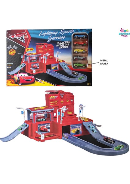 Oyuncak Büyük Boy Şimşek Mcqueen Otopark Garaj Seti 5 Adet Metal Araba Hediyeli 50 Cm.