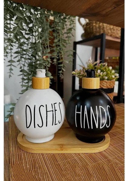 2'li Bambu Altlıklı Bambu Pompalı Sabunluk Deterjanlık 350 ml Tombul Cam