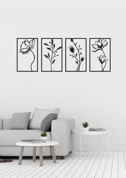 Çiçek Motifli Dörtlü Metal Dekoratif Tablo