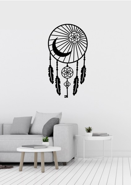 Hilal Anahtar Kuş Tüyü Motifli Siyah Metal Duvar Süsü