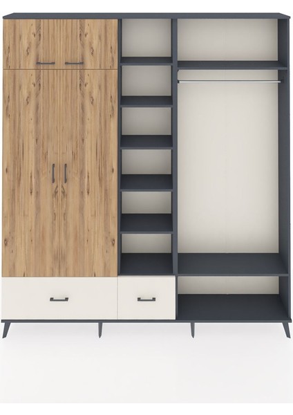 Arges Dolap 12 Raflı 2 Çekmeceli 2 Askılı 220X30X243 Antrasit-Çam/aytaşı