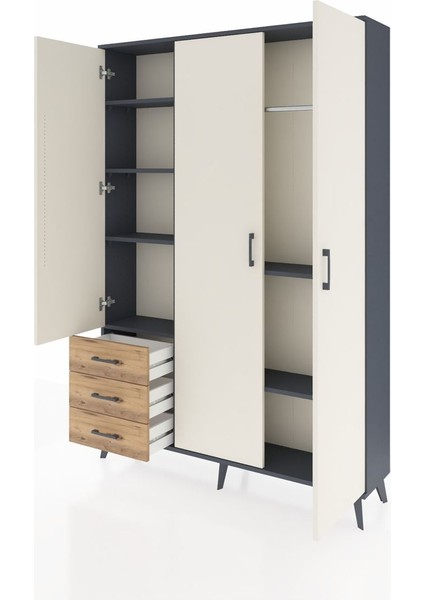 Arges Dolap 6 Raflı 3 Çekmeceli Tek Askılı 132X30X195 Antrasit-Aytaşı/çam modelleri