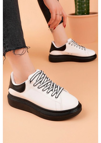 LC107 Beyaz Arka Siyah St Bağcıklı Kadın Ayakkabı