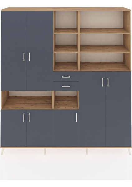 Hyperion Dolap 17 Raflı 2 Çekmeceli 7 Kapaklı 220X44X243 Çam-Antrasit/antrasit