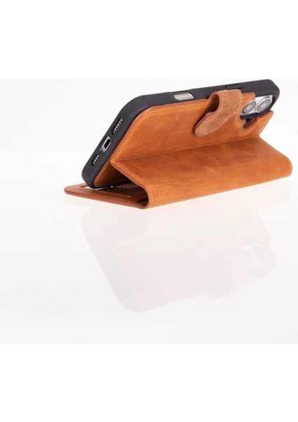 Apple iPhone 16 Uyumlu, Hakiki Deri, El Yapımı, Cüzdanlı Kılıf, Karamel modelleri