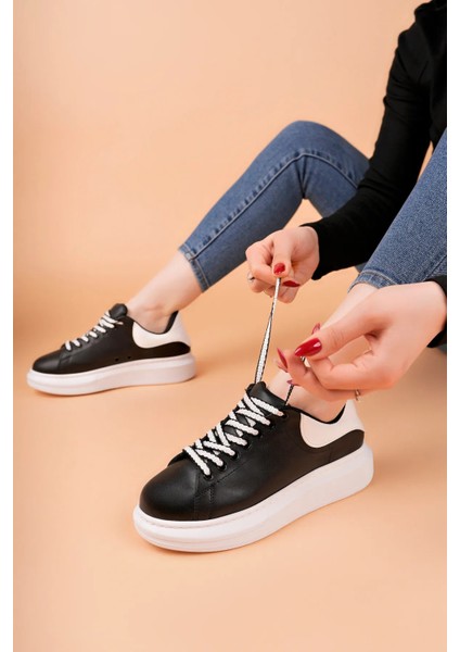 LC107 Siyah Arka Beyaz Bt Bağcıklı Kadın Ayakkabı