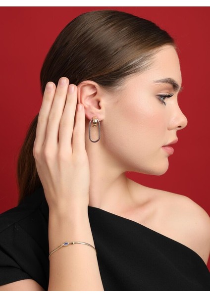 Bitone Oval 14 Ayar Altın Küpe 3.5 cm