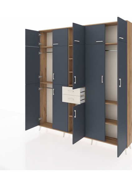 Arges Dolap 10 Raflı 2 Çekmeceli 3 Askılı 220X30X243 Çam-Antrasit/aytaşı modelleri