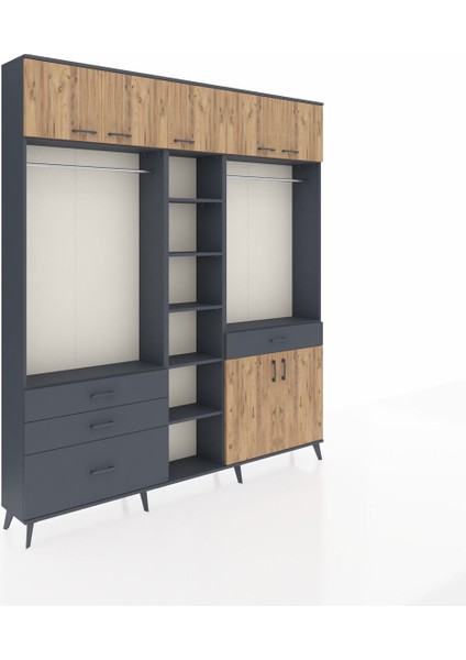 Arges Dolap 11 Raflı 4 Çekmeceli 2 Askılı 220X30X243 Antrasit-Çam/antrasit