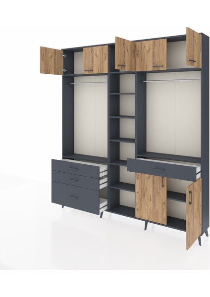 Arges Dolap 11 Raflı 4 Çekmeceli 2 Askılı 220X30X243 Antrasit-Çam/antrasit fiyatları