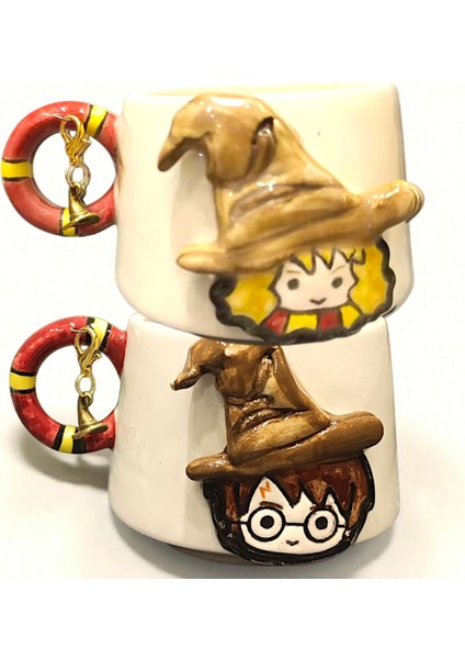 Harry Potter ve Hermione 3D Kabartmalı Charm Hediyeli El Yapımı 2 'li Seramik Kupa Mug