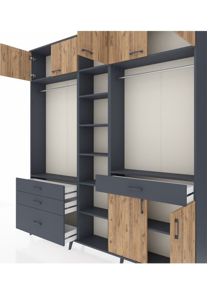 Arges Dolap 11 Raflı 4 Çekmeceli 2 Askılı 220X30X243 Antrasit-Çam/antrasit modelleri