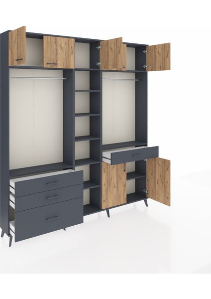 Arges Dolap 11 Raflı 4 Çekmeceli 2 Askılı 220X30X243 Antrasit-Çam/antrasit fırsatları