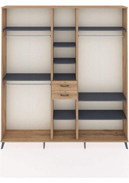 Arges Dolap 10 Raflı 2 Çekmeceli 3 Askılı 220X30X243 Çam-Antrasit/çam