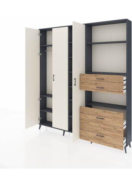 Arges Dolap 12 Raflı 4 Çekmeceli Tek Askılı 220X30X243 Antrasit-Aytaşı/çam modelleri