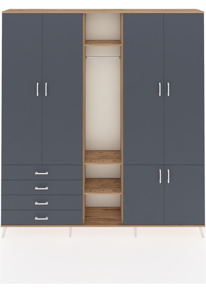 Arges Gardrop 14 Raflı 4 Çekmeceli Tek Askılı 220X30X243 Çam-Antrasit