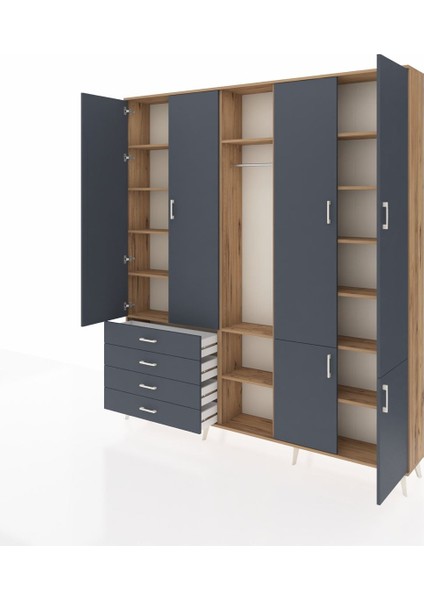 Arges Gardrop 14 Raflı 4 Çekmeceli Tek Askılı 220X30X243 Çam-Antrasit modelleri