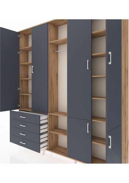 Arges Gardrop 14 Raflı 4 Çekmeceli Tek Askılı 220X30X243 Çam-Antrasit fırsatları